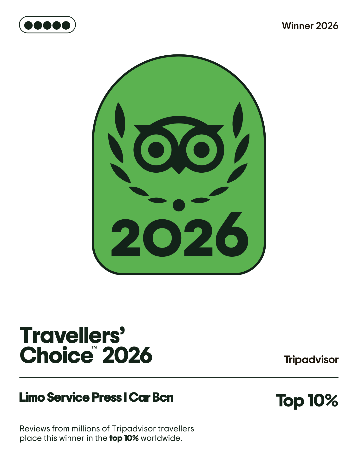TripAdvisor Travellers' Choice 2026 — Top 10% winner, Limo Service Press I Car Bcn